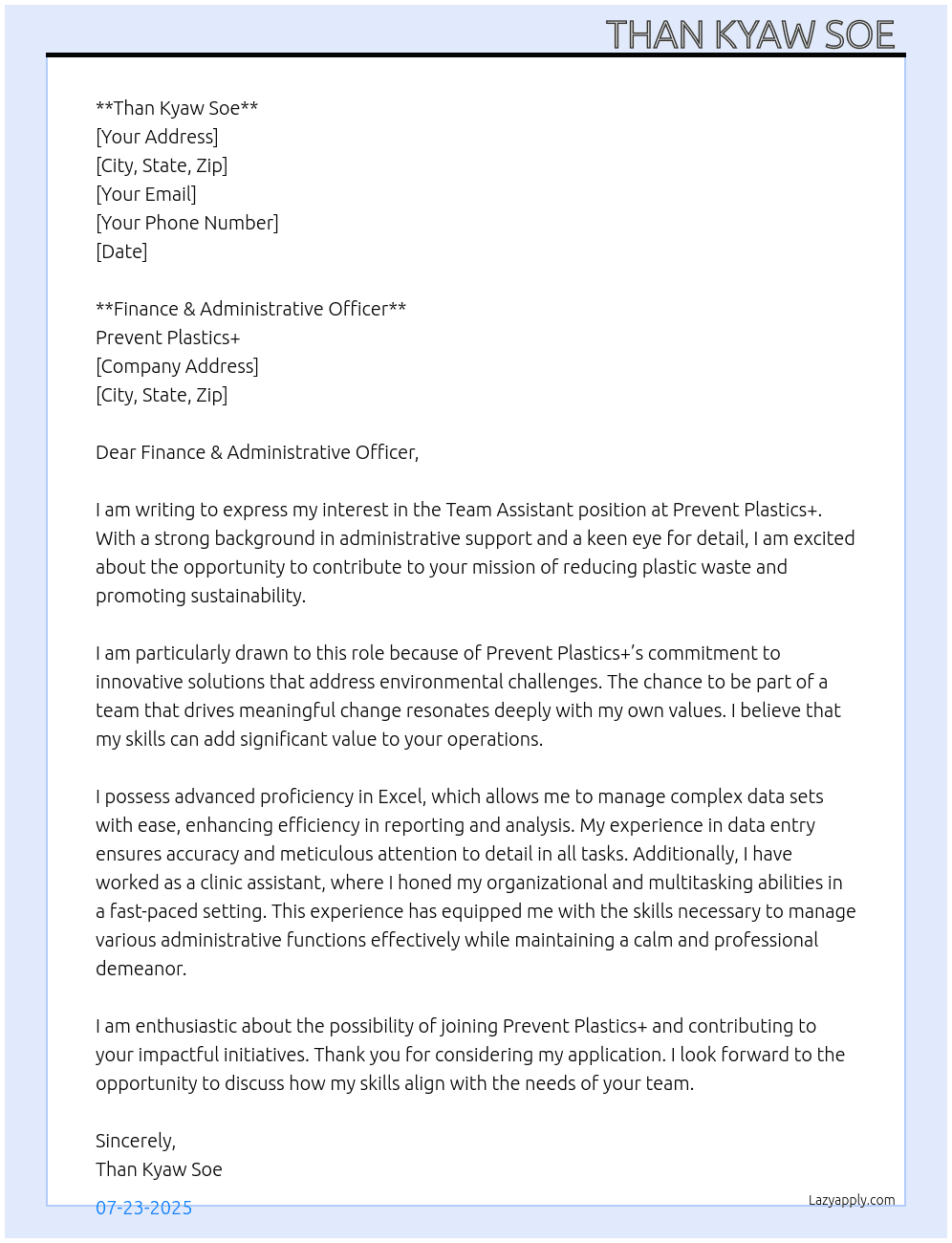 Team Assistant  At Prevent Plastics+ Cover Letter