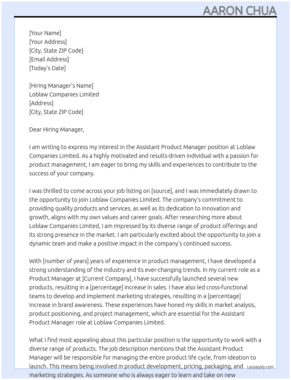 Assistant Product Manager At Loblaw Companies Limited Cover Letter