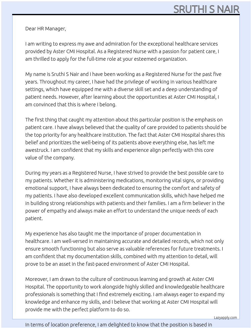 Registered Nurse At Aster CMI hospital  Cover Letter