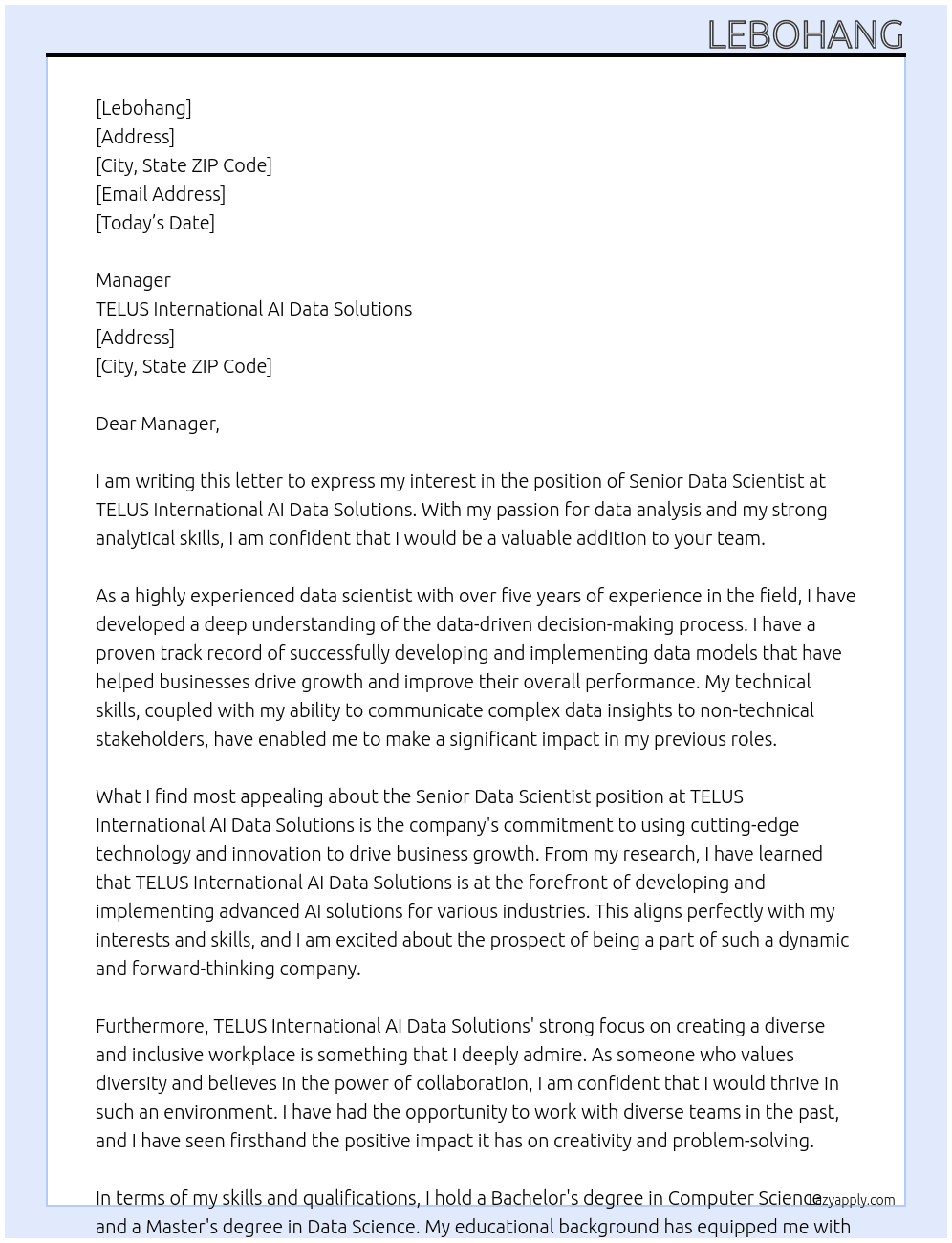 senior data scientist At TELUS International AI Data Solutions Cover Letter