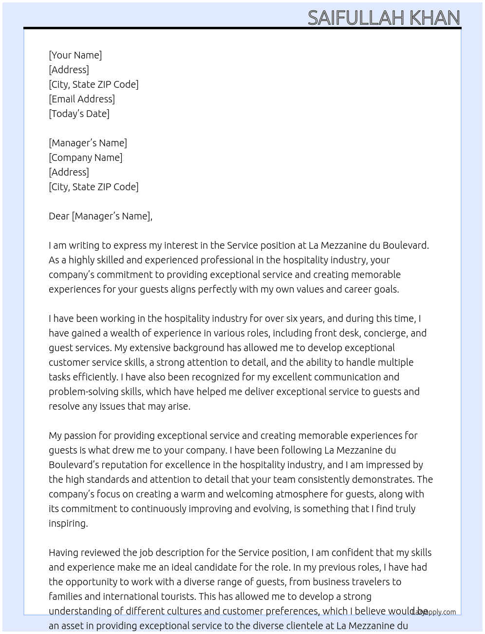 Service  At La Mezzanine du Boulevard Cover Letter
