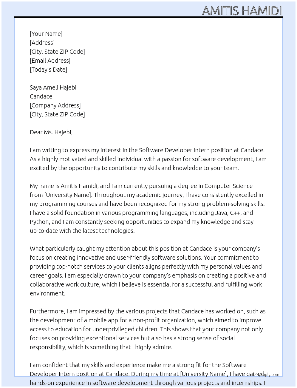 Software developer intern At Candace  Cover Letter