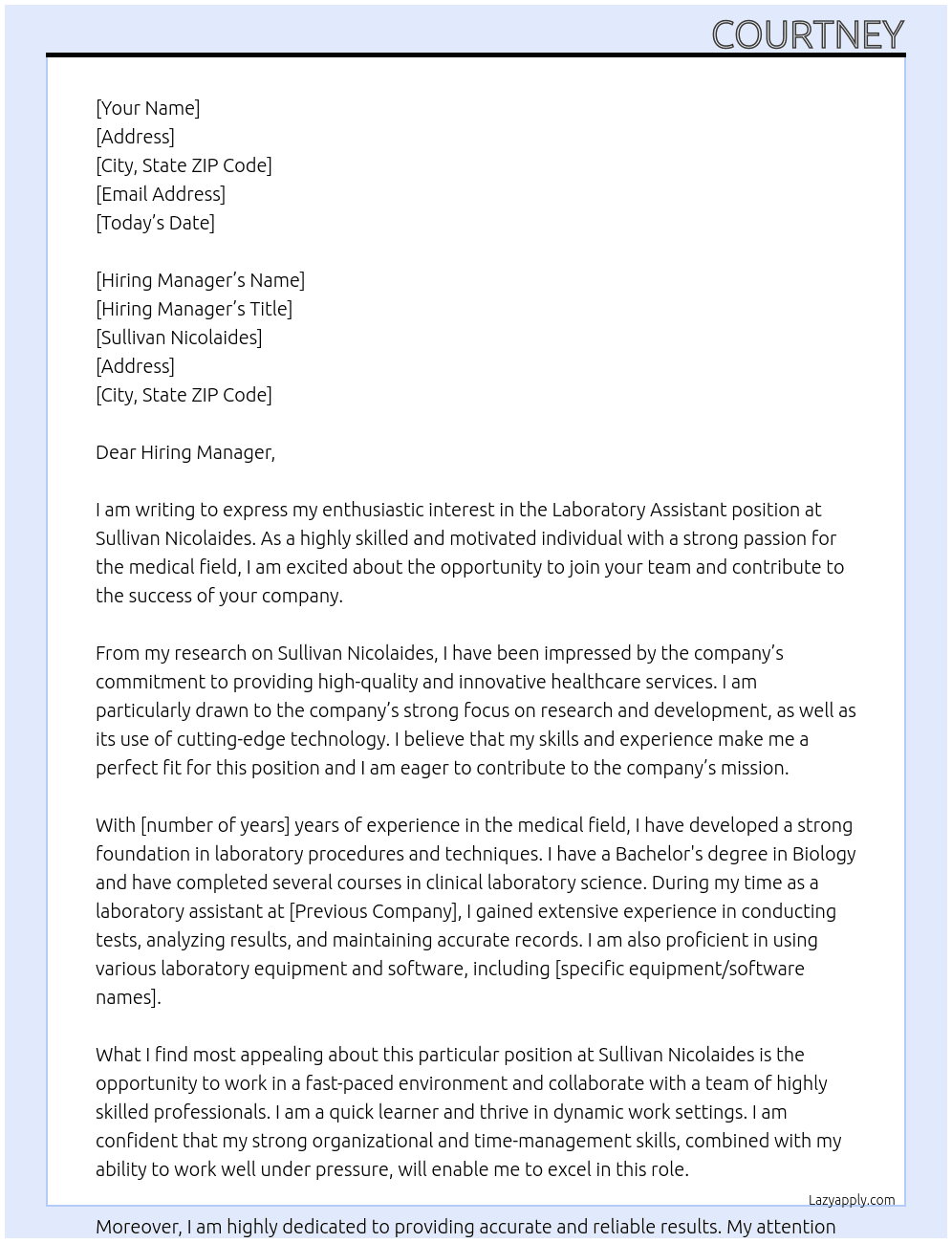 Laboratory assistant At Sullivan Nicolaides Cover Letter