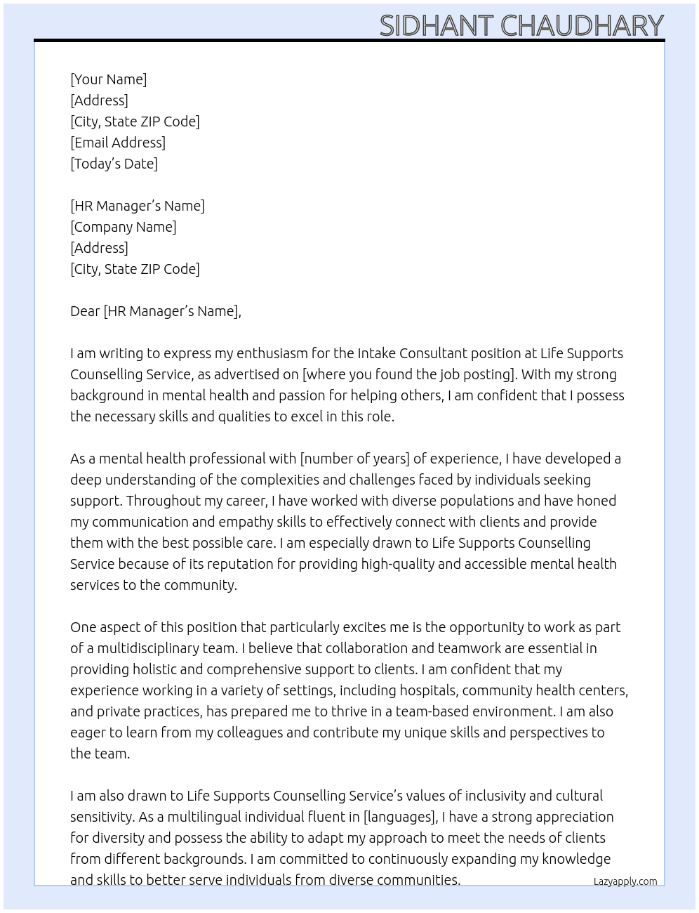 Intake Consultant (Mental Health) At Life Supports Counselling Service Cover Letter