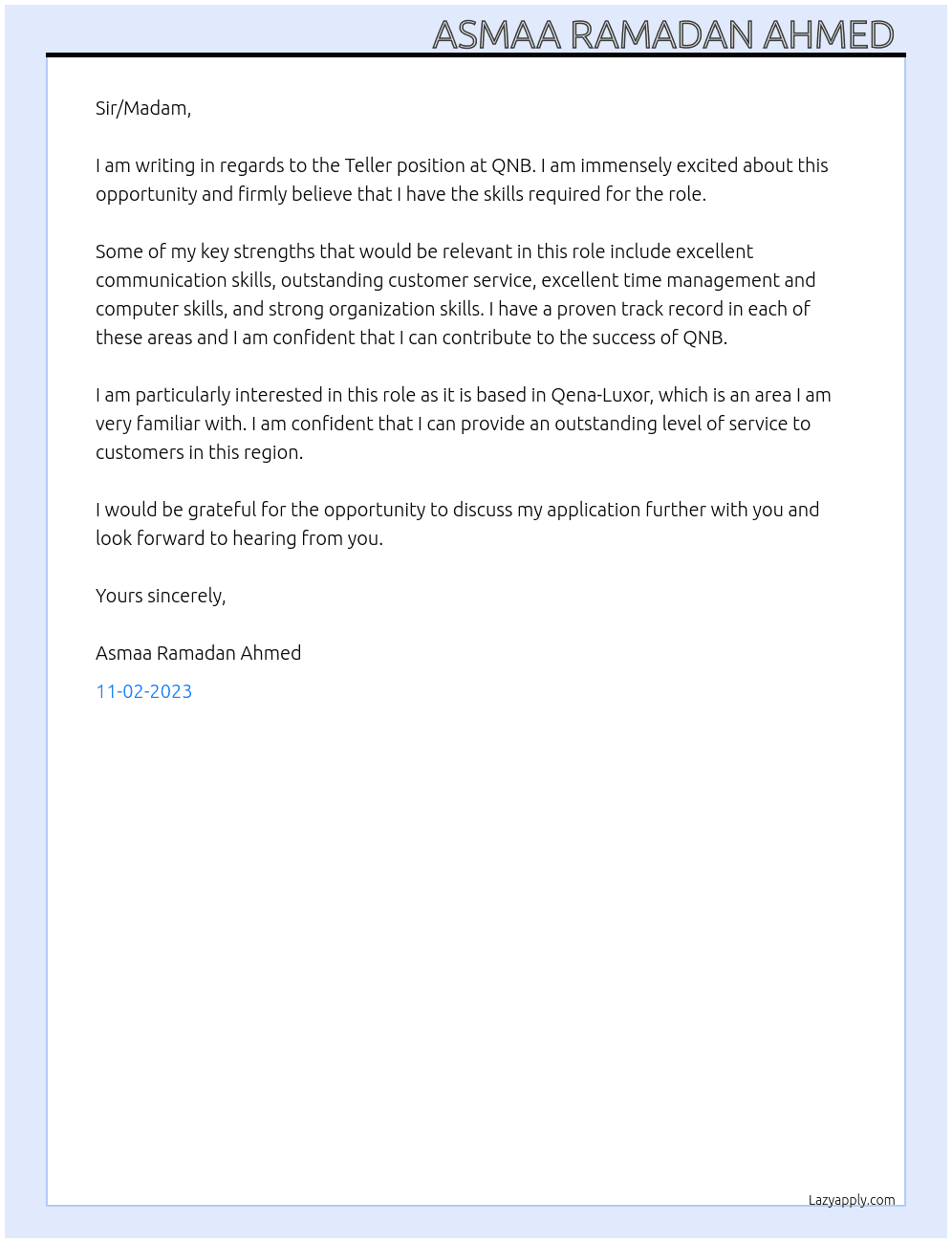 Teller  At QNB Cover Letter
