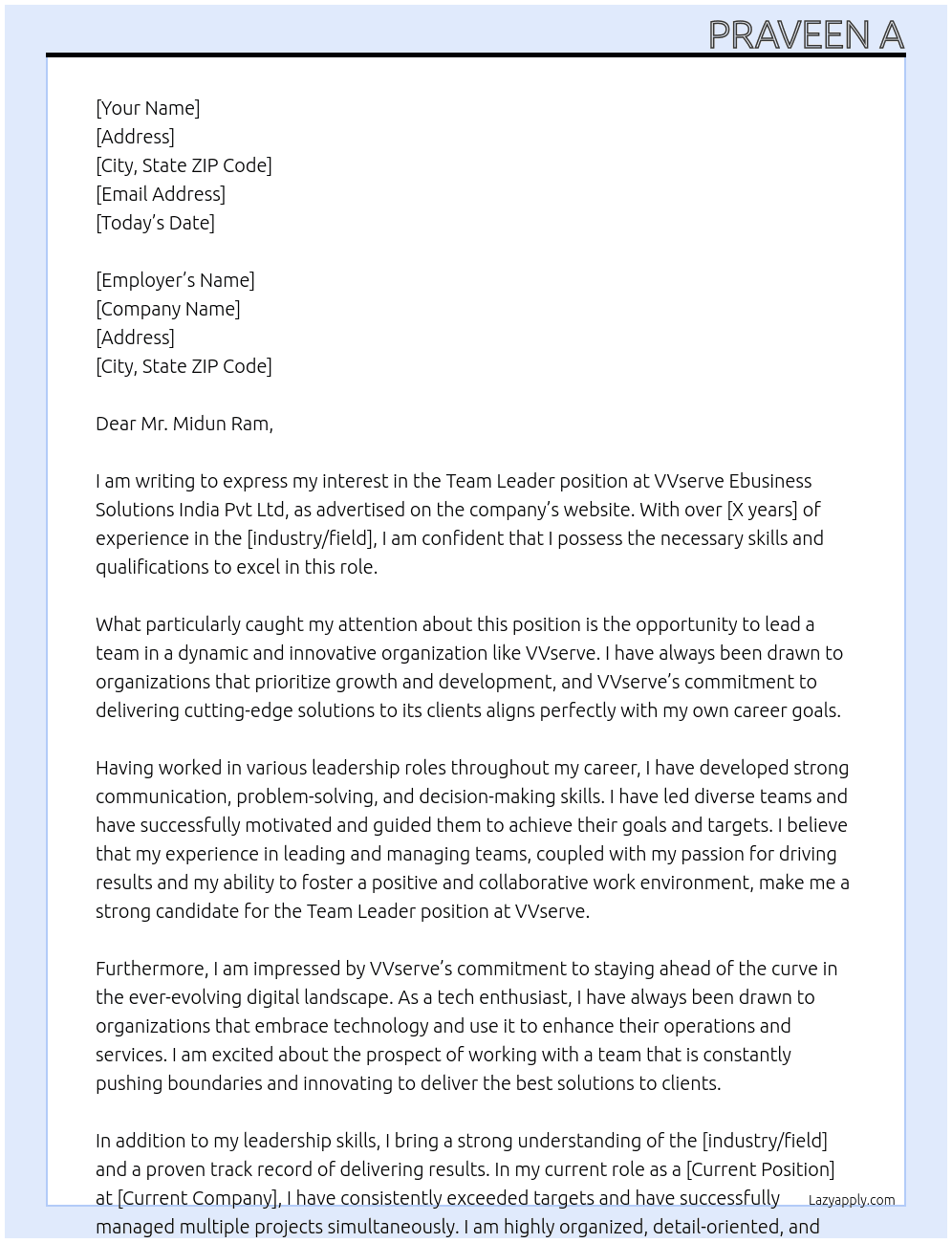Team Leader At VVserve Ebusiness Solutions India Pvt Ltd Cover Letter