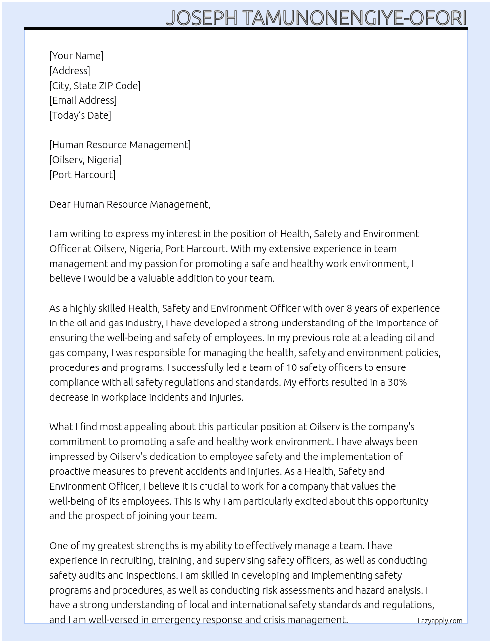 Health, safety and environment officer  At Oilserv, Nigeria, port Harcourt Cover Letter