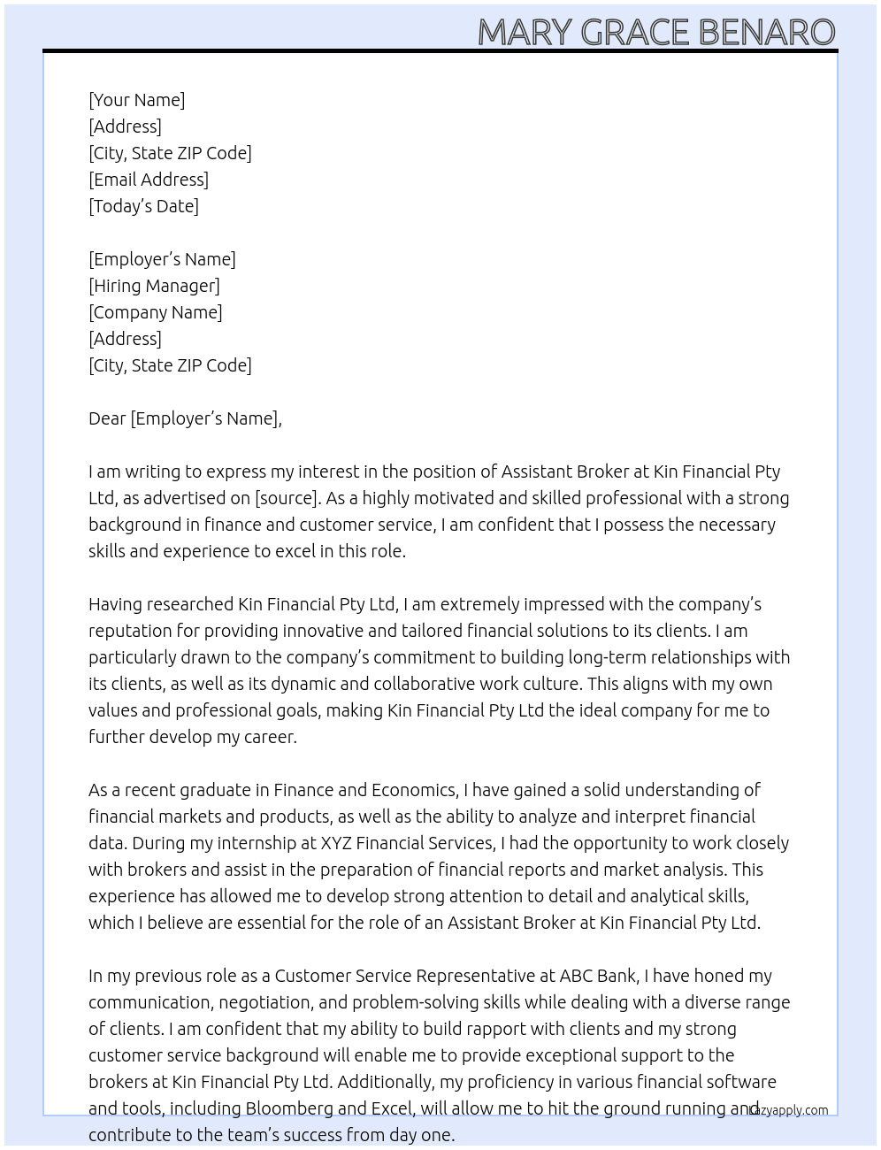 ASSISTANT BROKER At Kin Financial Pty Ltd Cover Letter