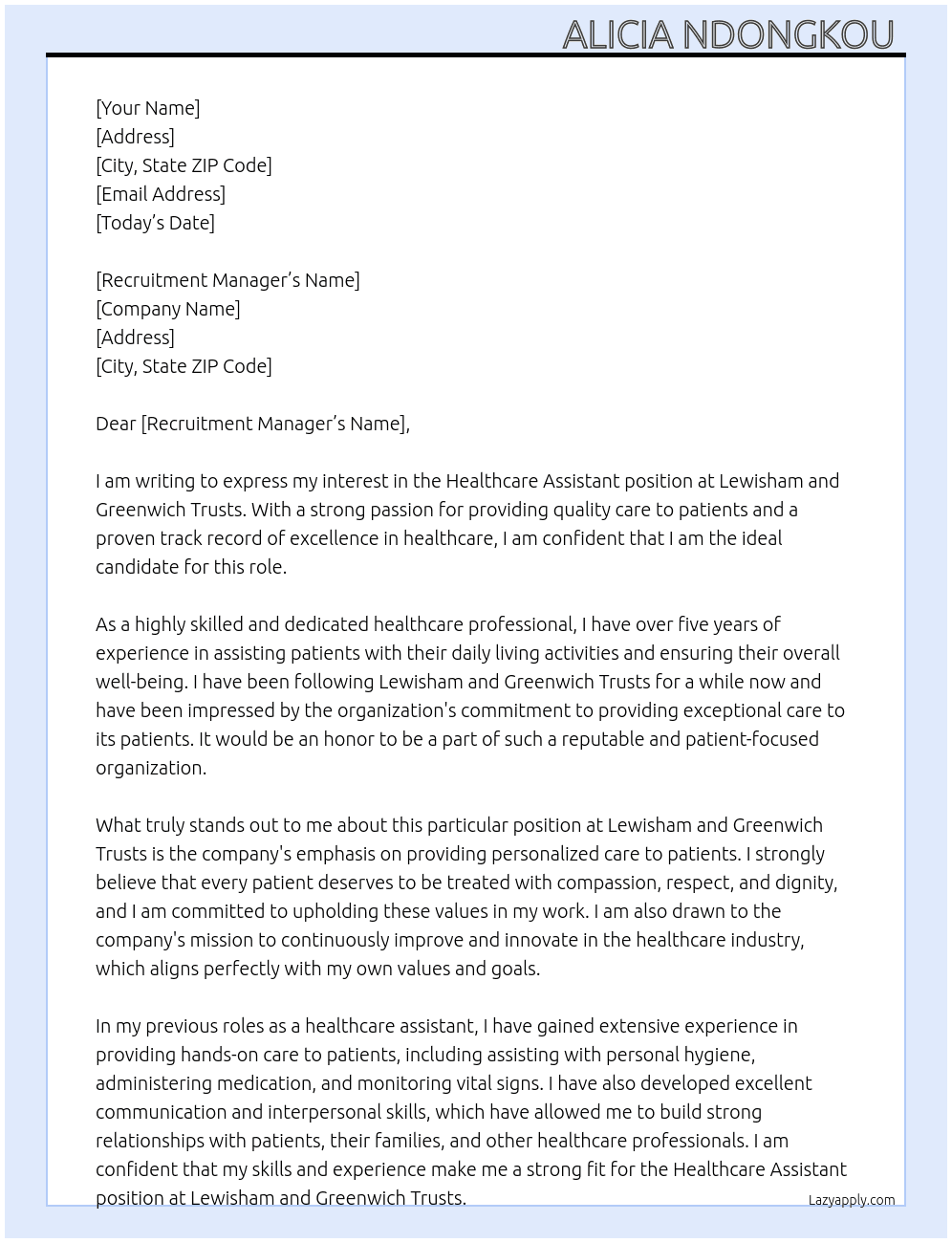 Healthcare assistant  At Lewisham and Greenwich trusts  Cover Letter