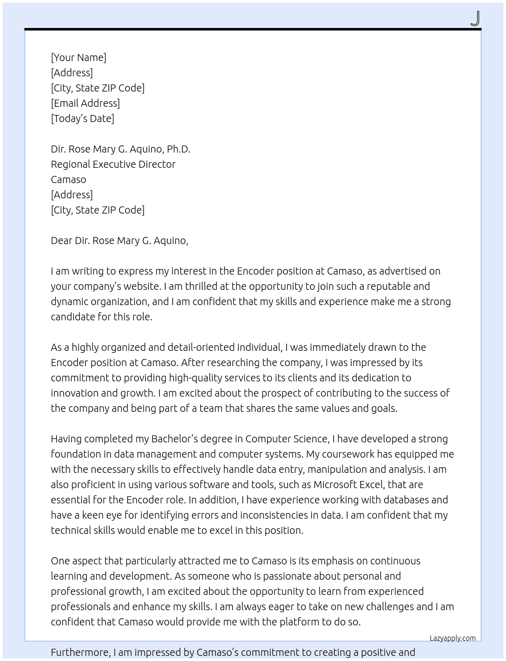 Encoder At Camaso Cover Letter