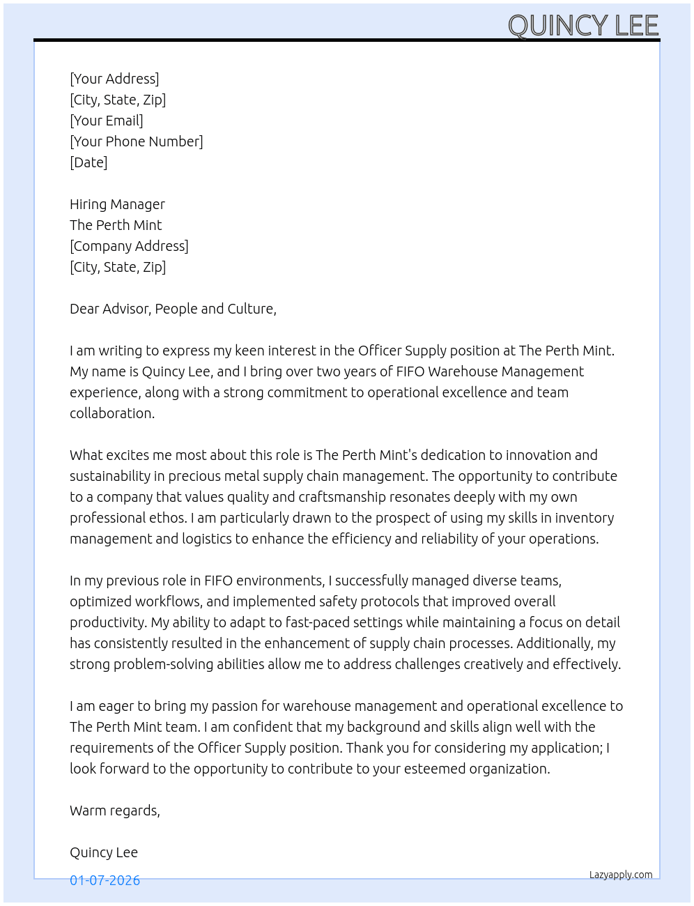 Officer Supply At The Perth Mint Cover Letter