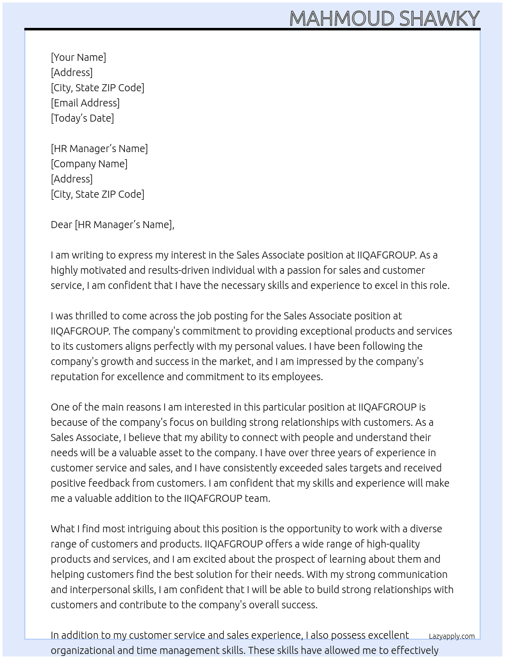 Sales Associate At IIQAFGROUP Cover Letter
