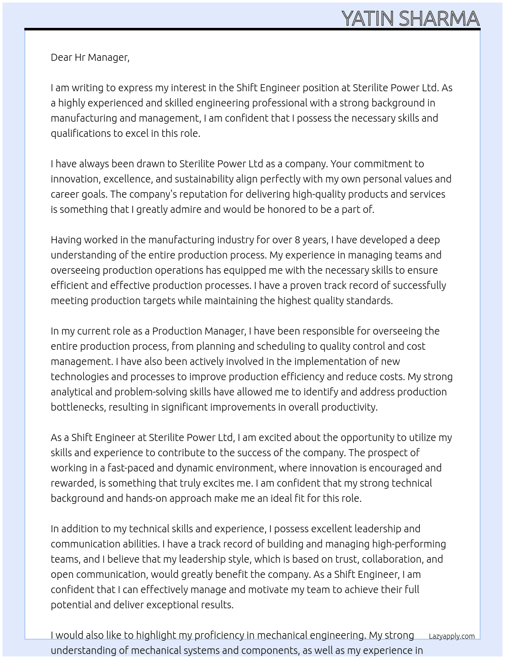 Shift Engineer At Sterilite Power Ltd Cover Letter