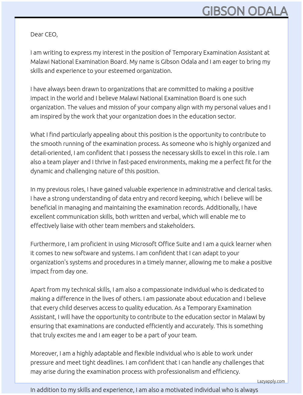 Temporary Examination Assistant At Malawi National Examination Board Cover Letter