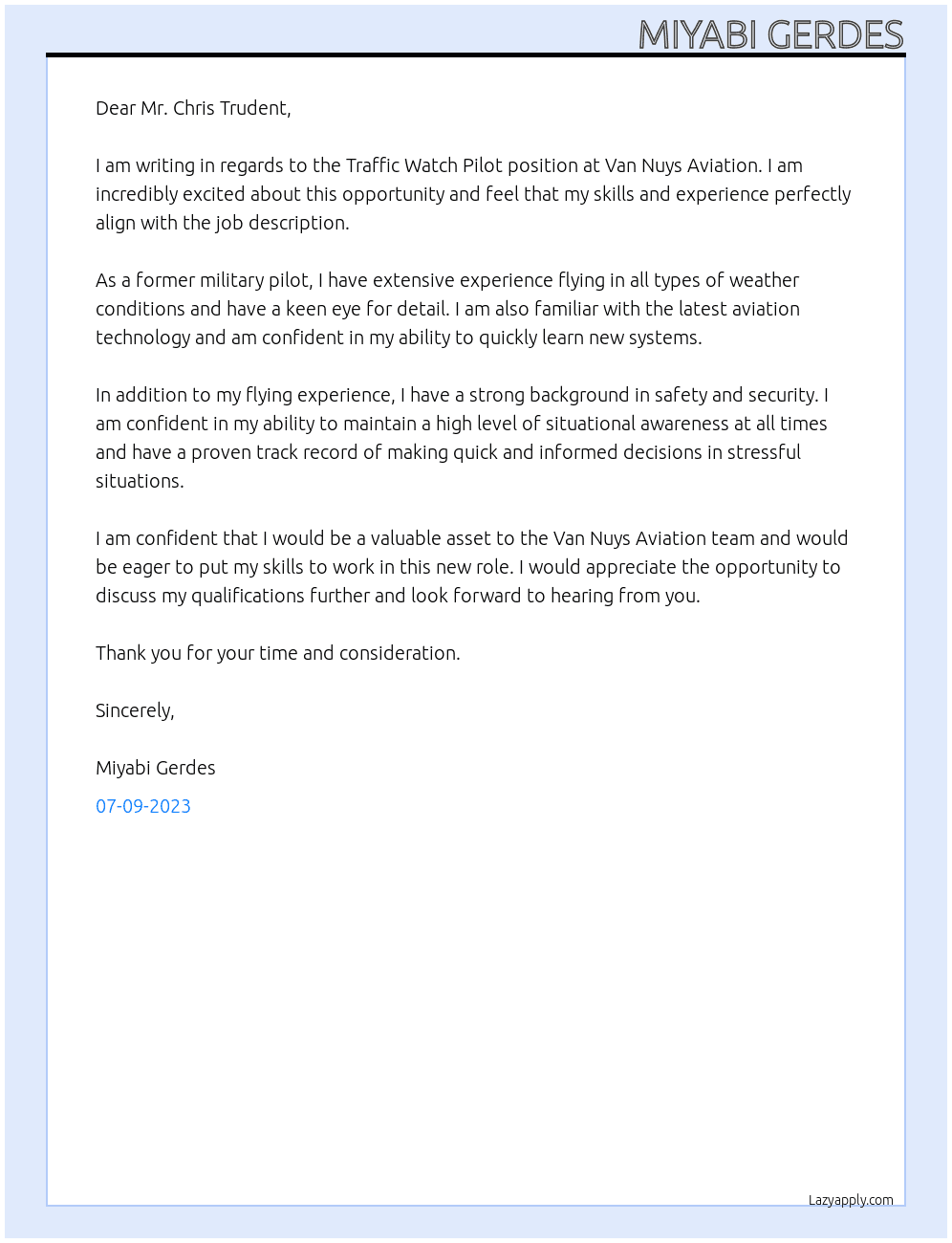 Traffic Watch Pilot At Van Nuys Aviation Cover Letter