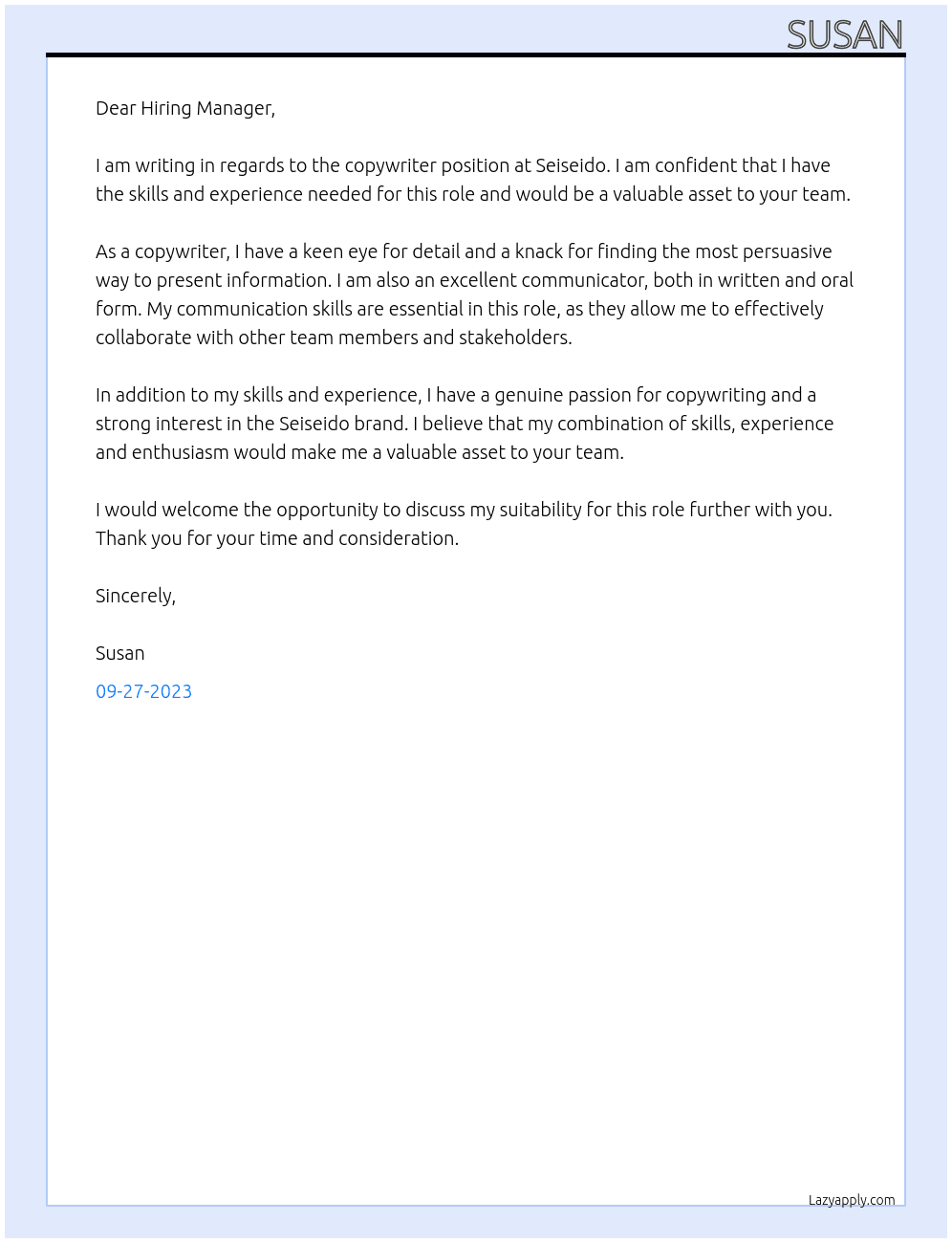 copywriter At Seiseido Cover Letter