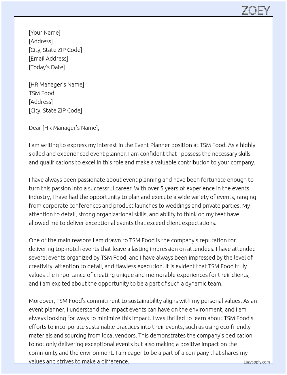 event planner At TSM food Cover Letter