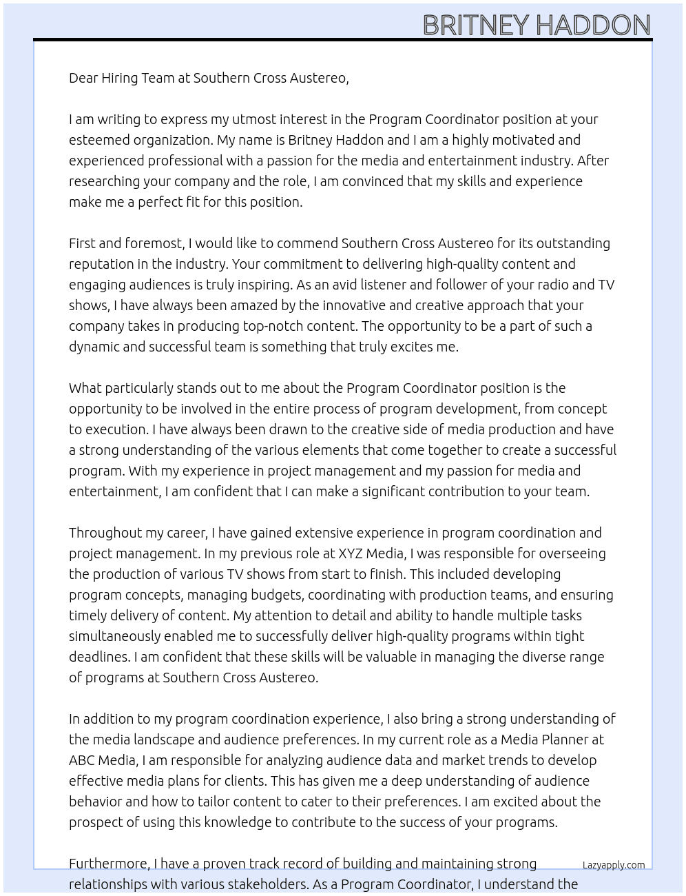 program coordiinator At Southern Cross Austereo Cover Letter