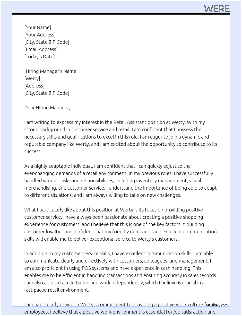 retail assistant At werty Cover Letter
