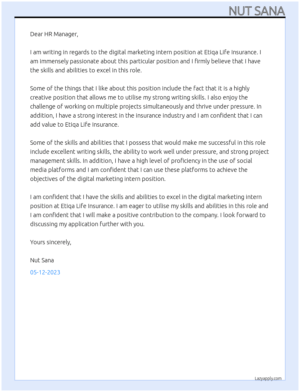 Digital marketing intern At Etiqa Life Insurance  Cover Letter