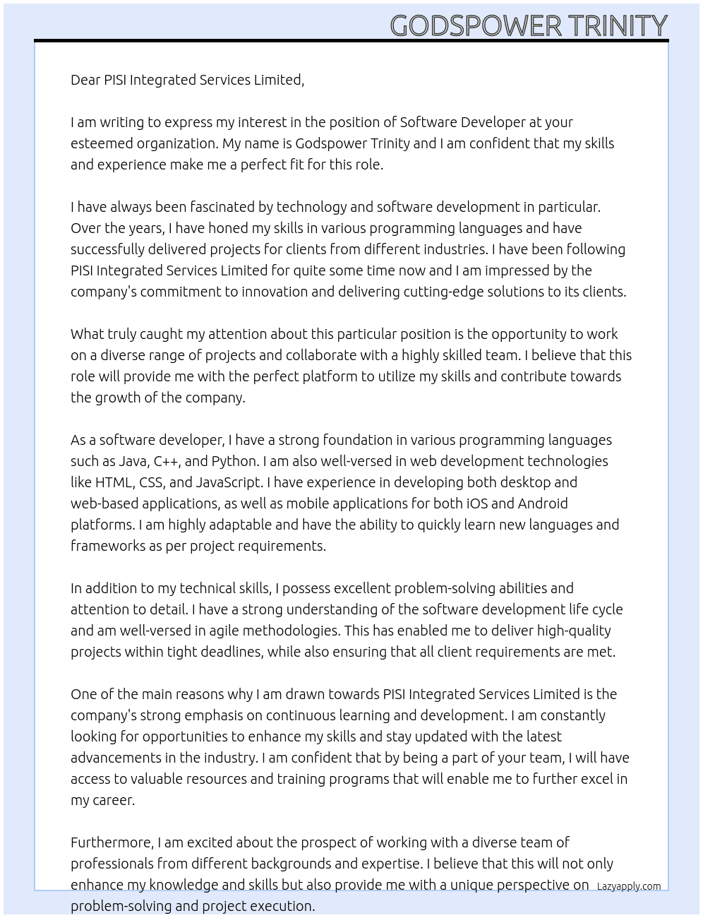 software developer At PISI integrated Services Limited Cover Letter