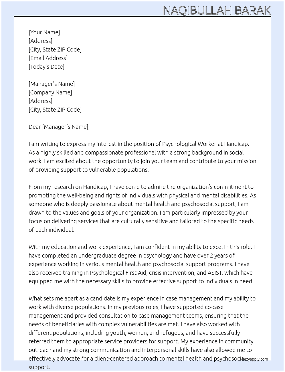 Psychological worker At Handicap  Cover Letter