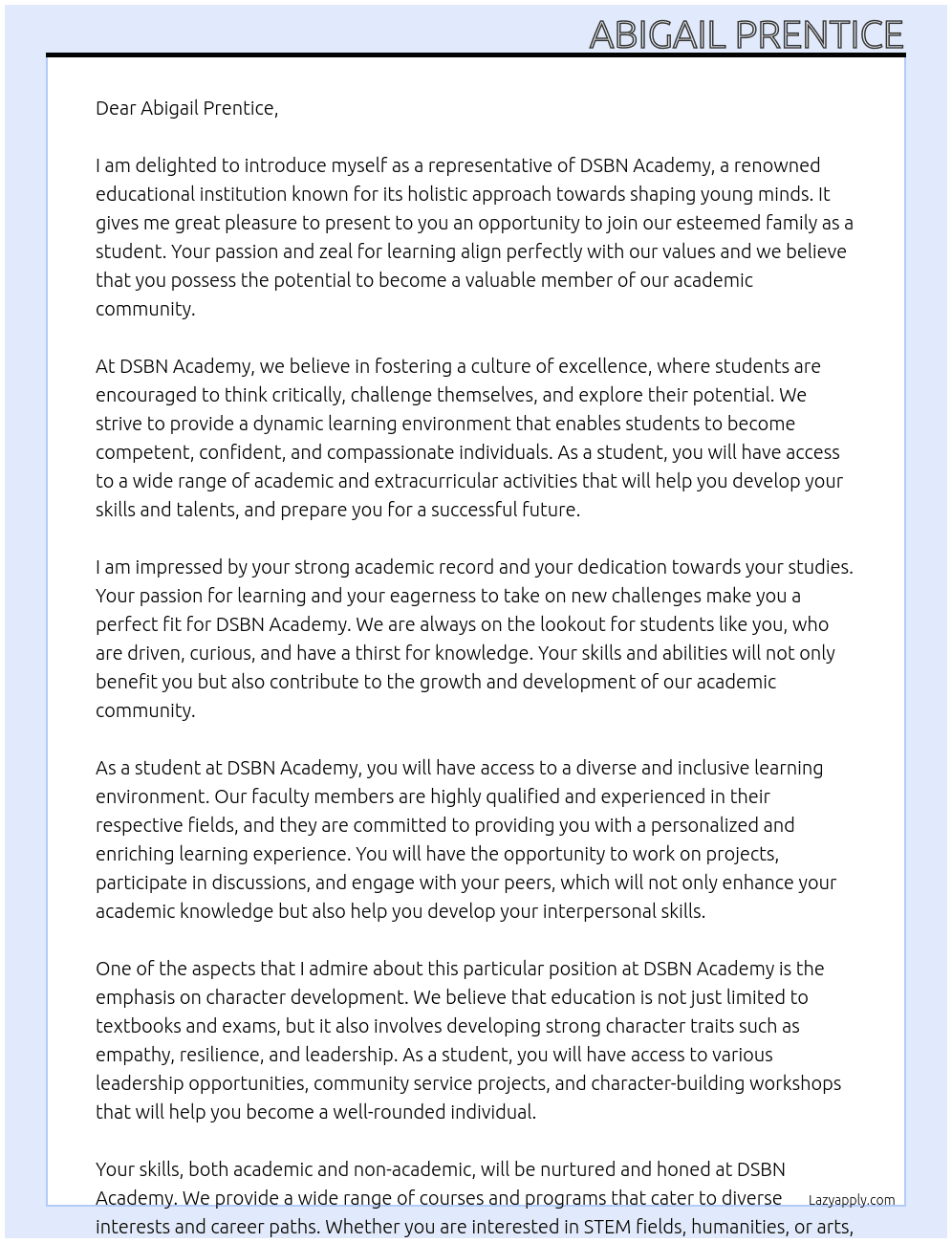 student At dsbn academy Cover Letter