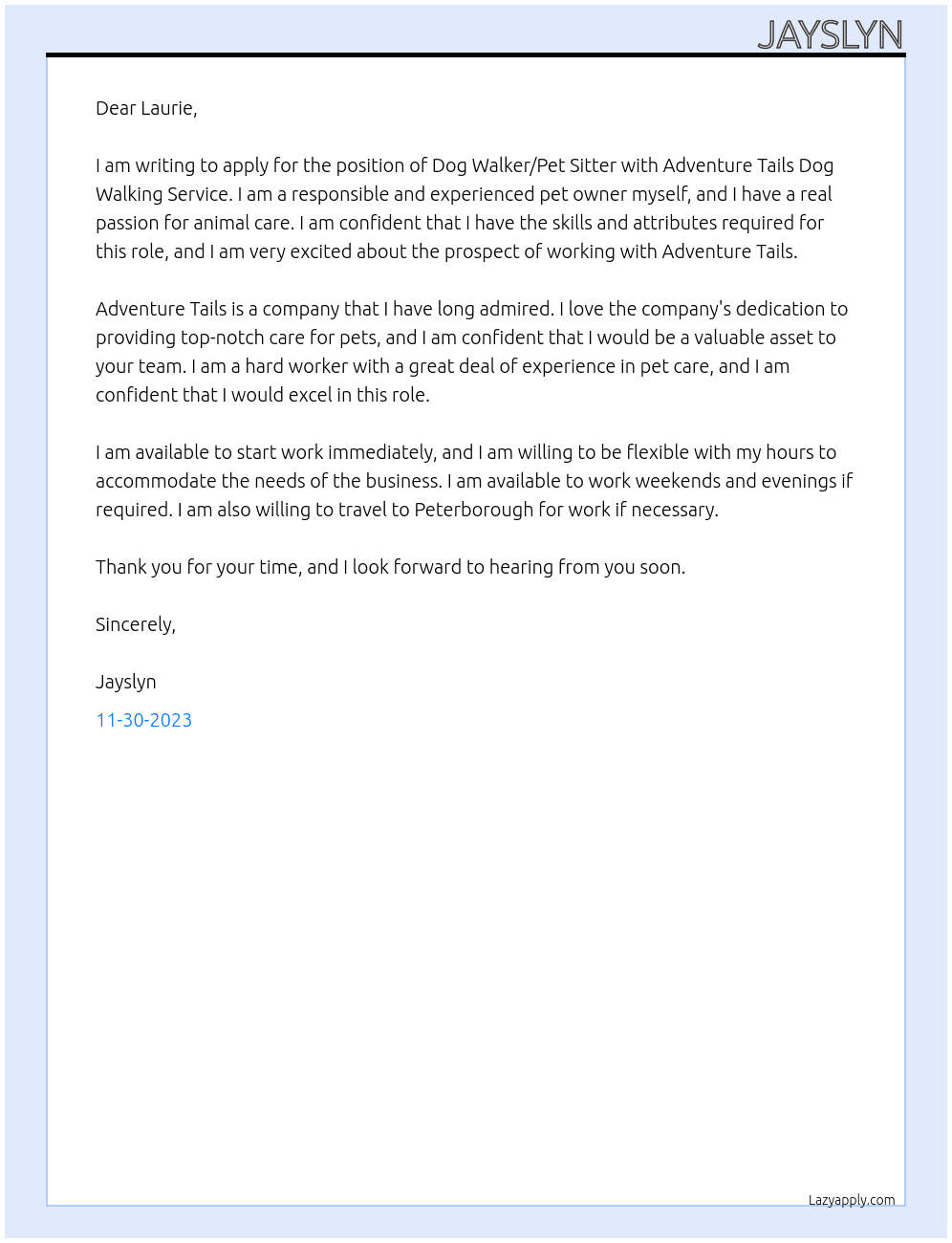 Dog Walker/Pet Sitter At Adventure Tails Dog Walking Service Cover Letter