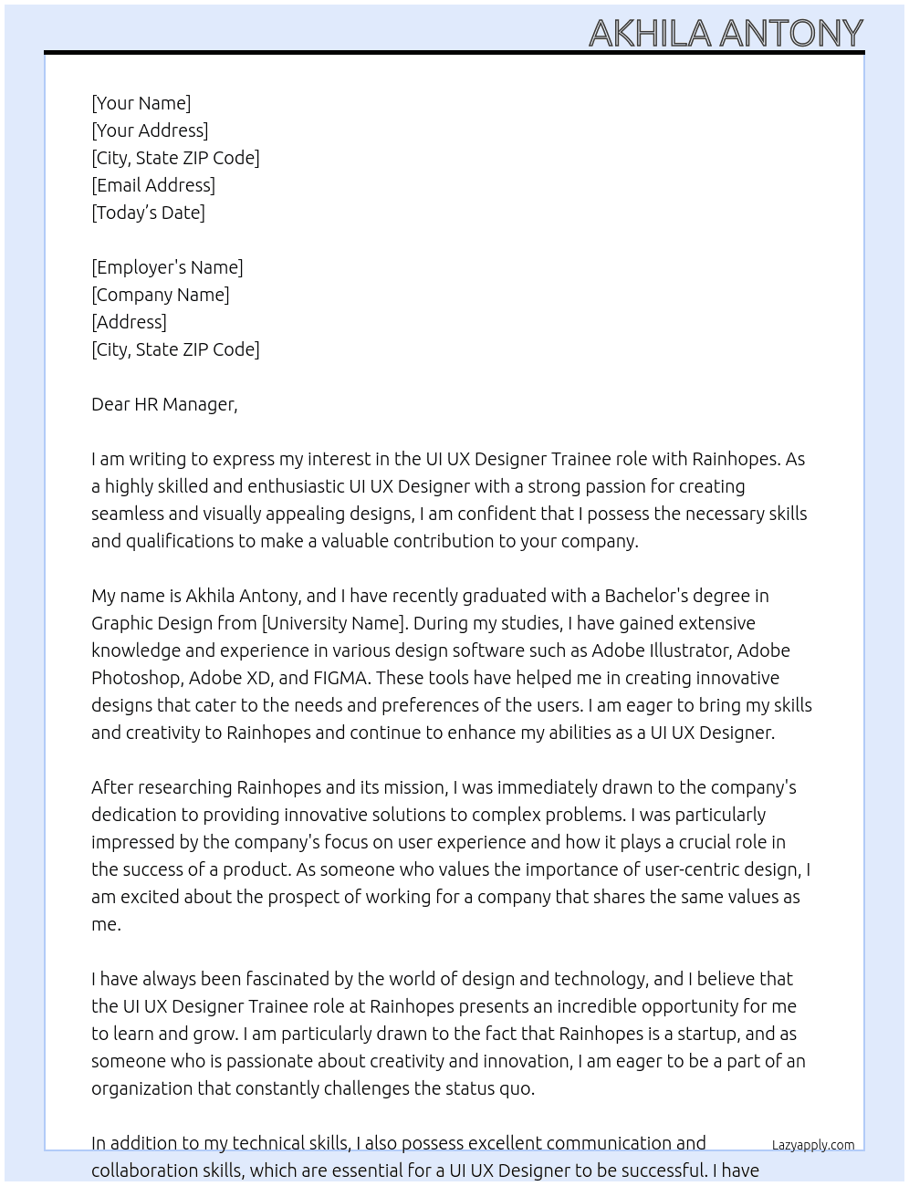 UI UX DEDIGNER At Rainhopes  Cover Letter