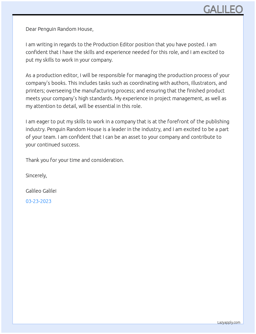 Production Editor At Galilei Cover Letter