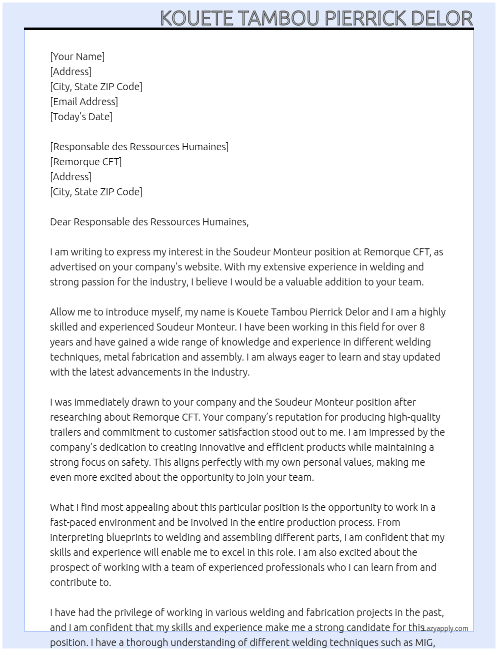 Soudeur monteur  At Remorque CFT Cover Letter