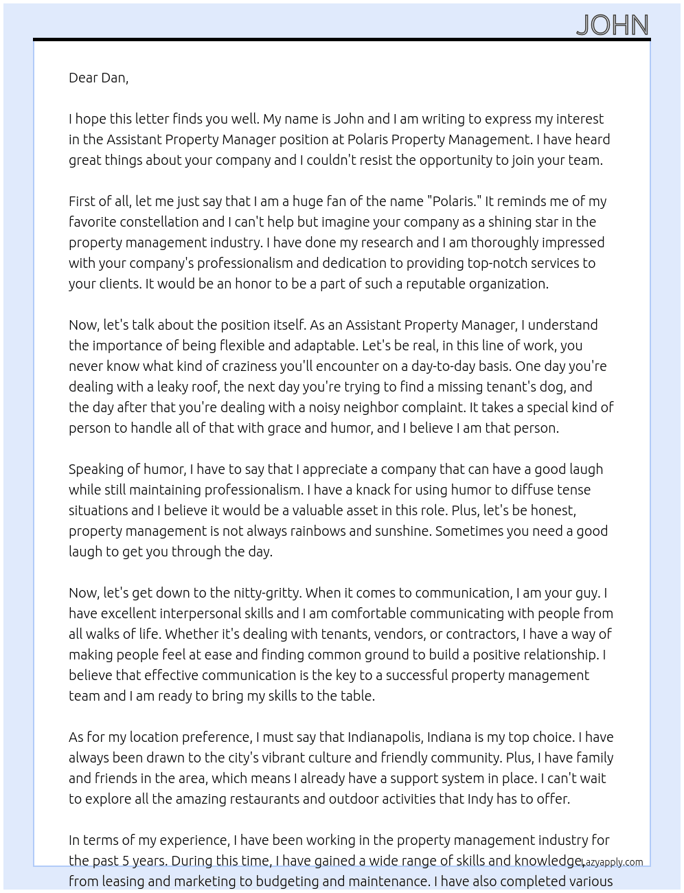 Assistant Property Manager At Polaris Property Management Cover Letter