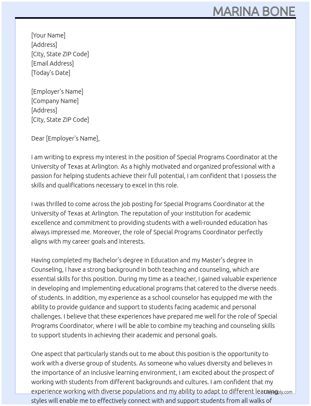 Special Programs Coordinator At University of Texas at Arlington Cover Letter