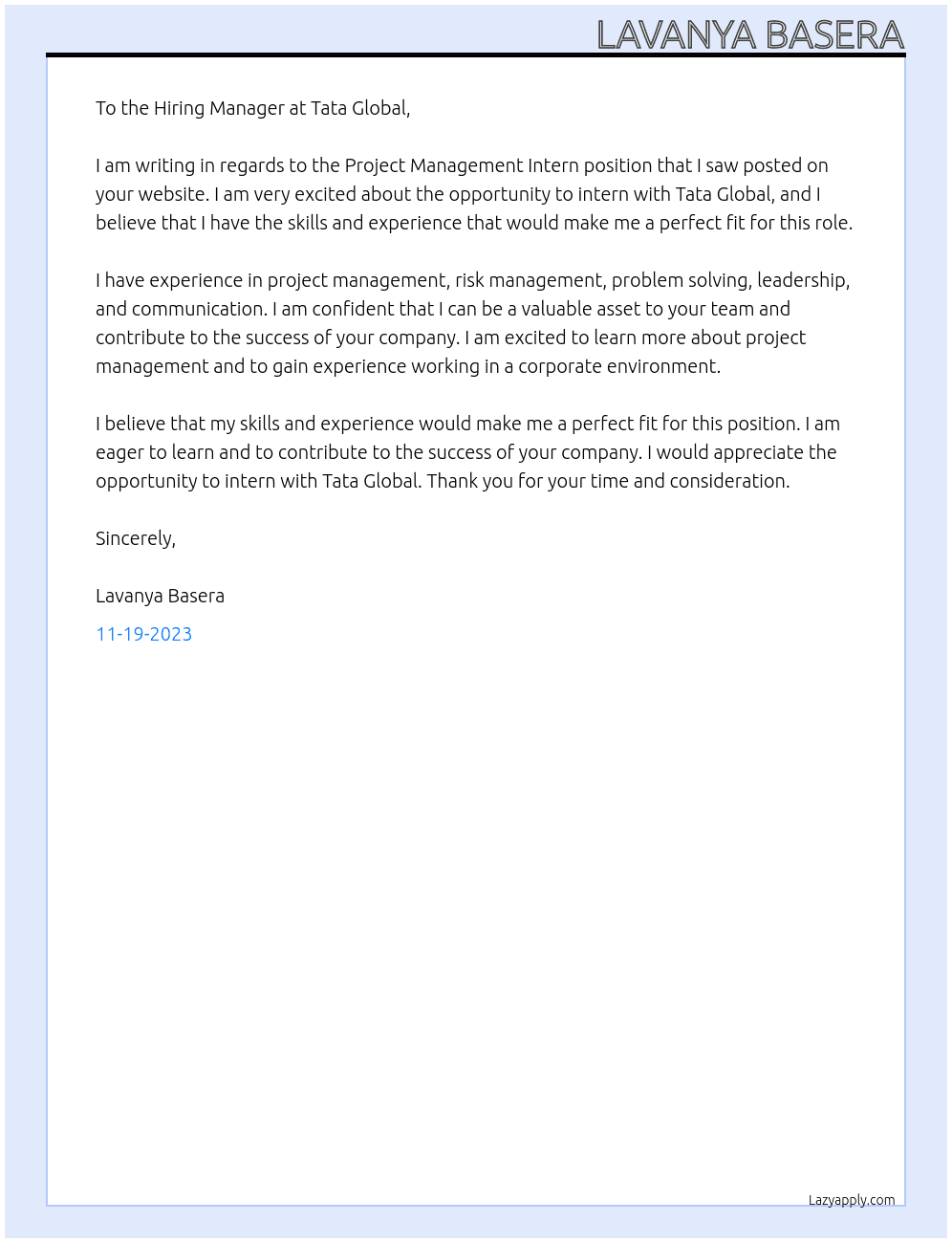 Project management intern At Tata Global  Cover Letter