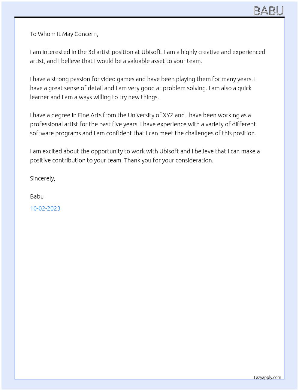 3d artist At ubisoft Cover Letter