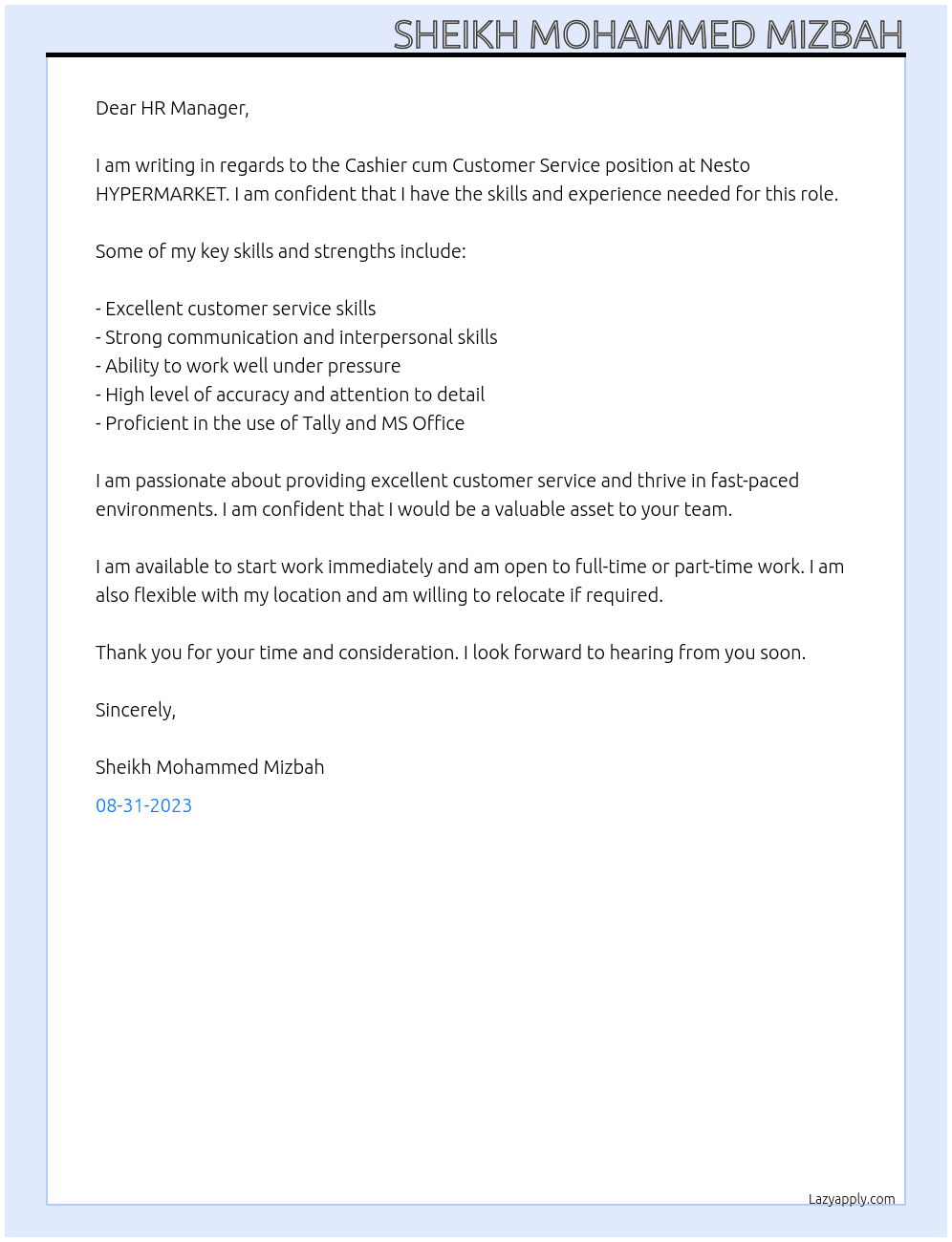 Cashier cum customer service  At Nesto HYPERMARKET  Cover Letter