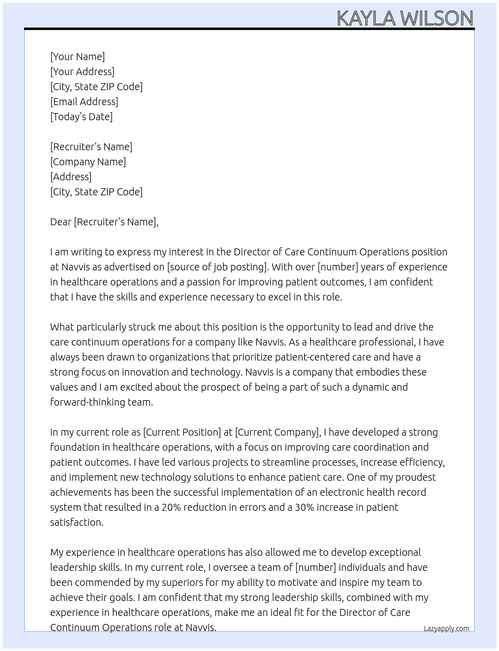 Director of Care Continuum Operations  At Navvis Cover Letter