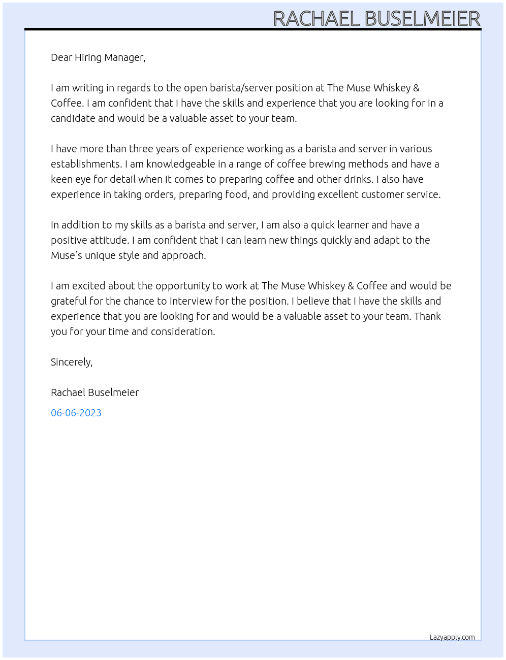 Barista/Server At The Muse Whiskey & Coffee Cover Letter