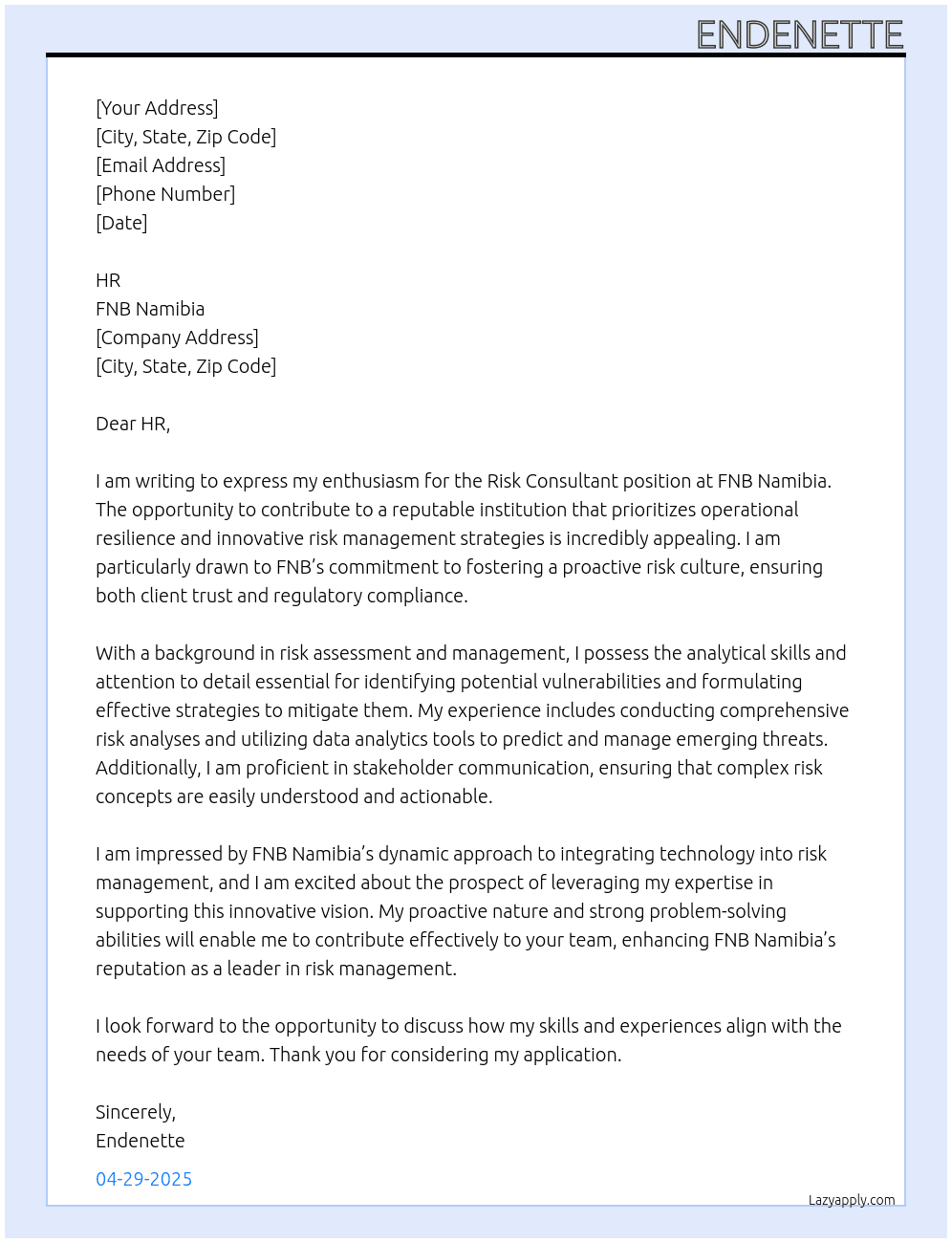 Risk Consultant At FNB Namibia  Cover Letter