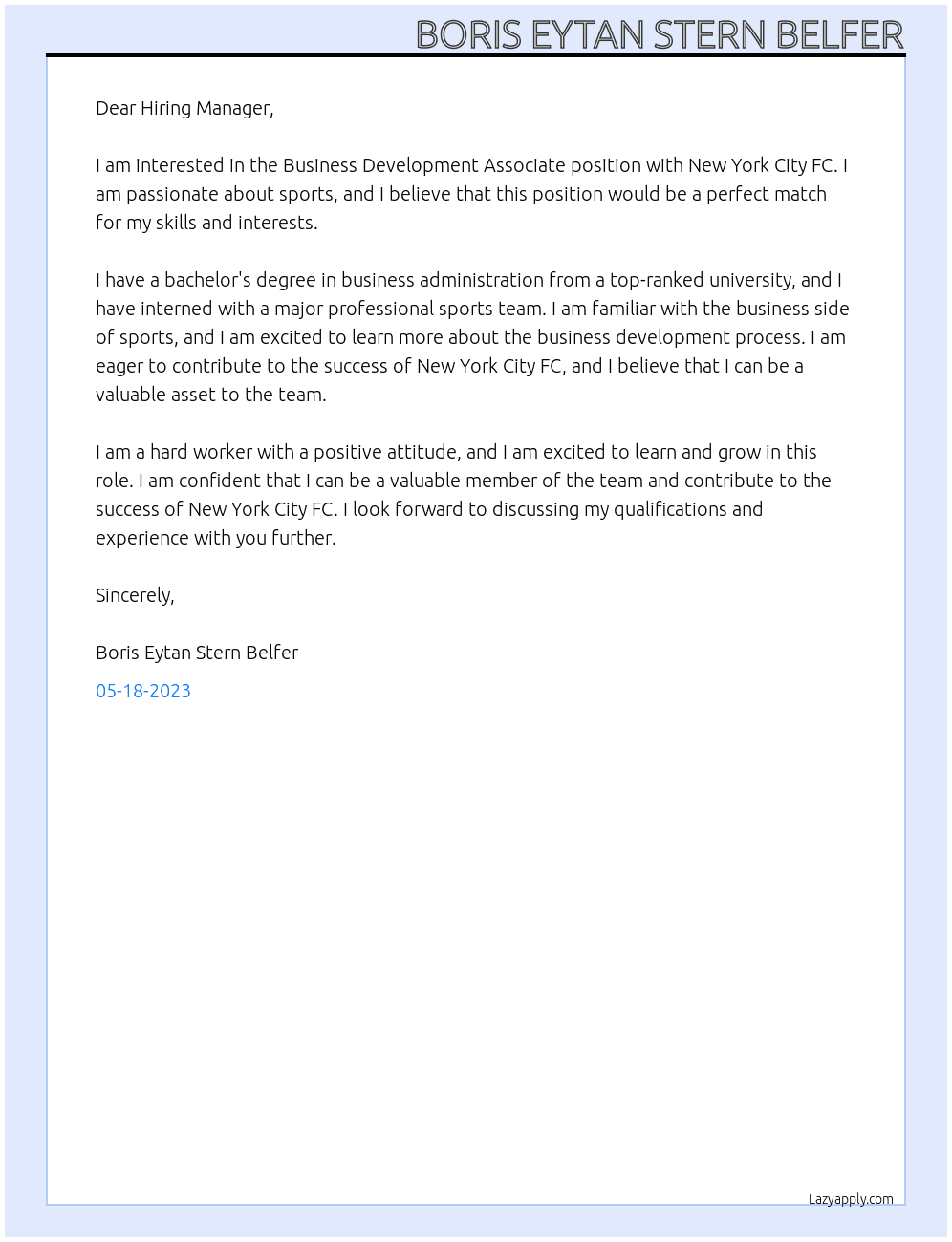 Business Development Associate At New York City FC Cover Letter
