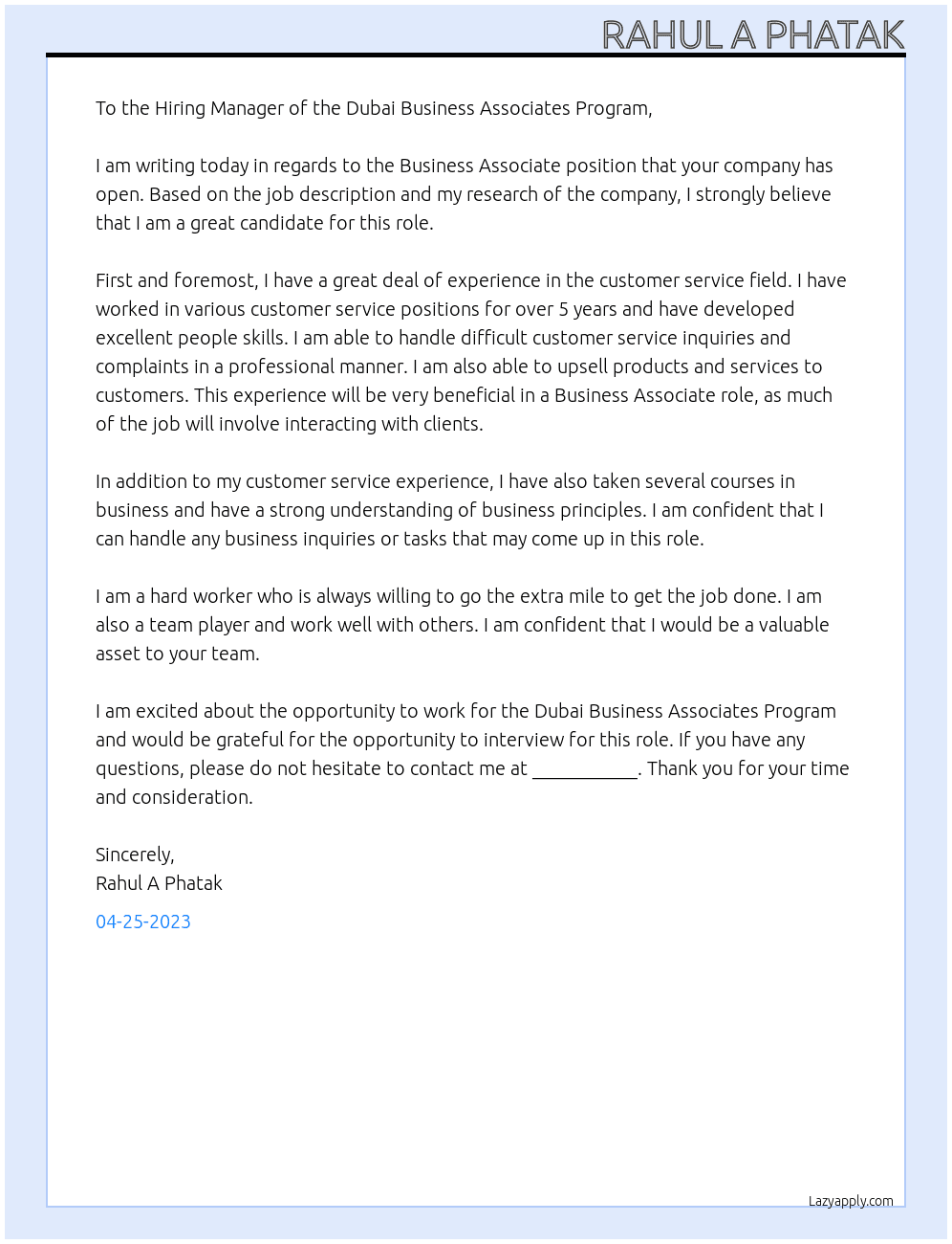 Business Associate At Dubai Business Associates Program Cover Letter