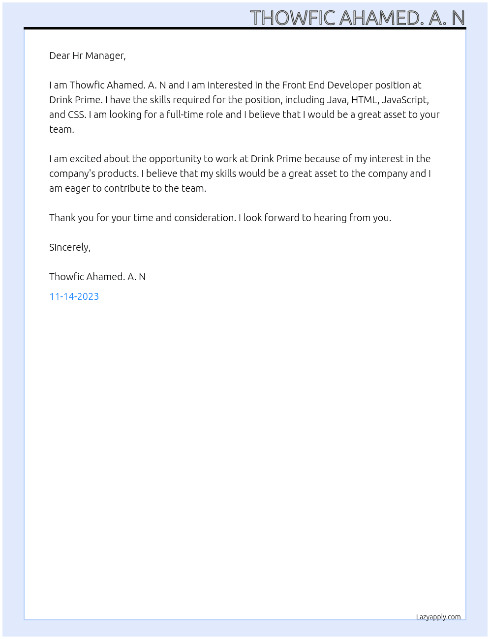 Front End Developer At Drink Prime  Cover Letter