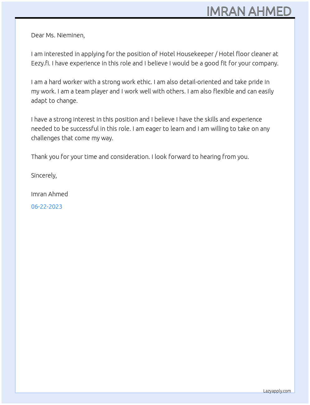 Hotel Housekeeper / Hotel floor cleaner  At Eezy.fi Cover Letter