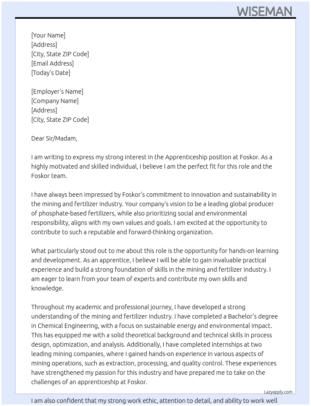 Apprenticeship  At Foskor Cover Letter