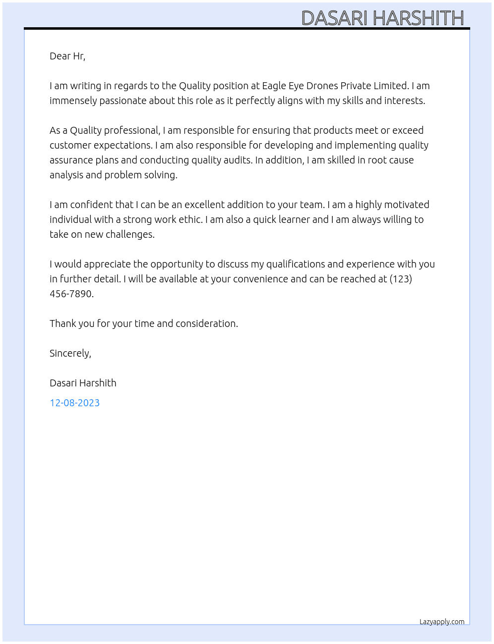 Quality  At Eagle Eye Drones Private Limited Cover Letter
