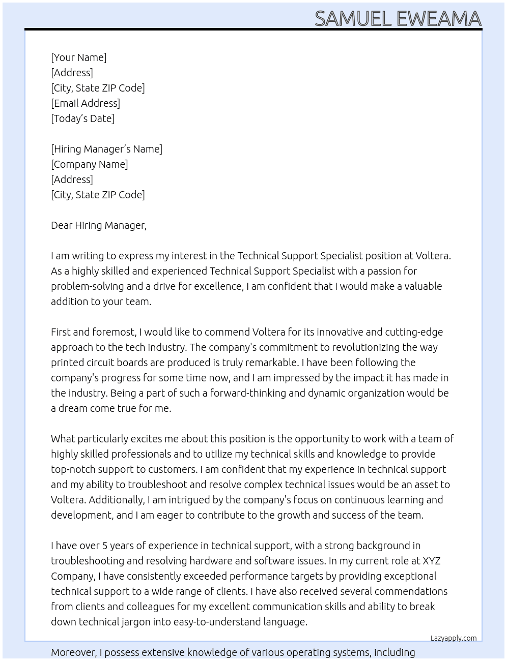 Technical support specialist At Voltera Cover Letter