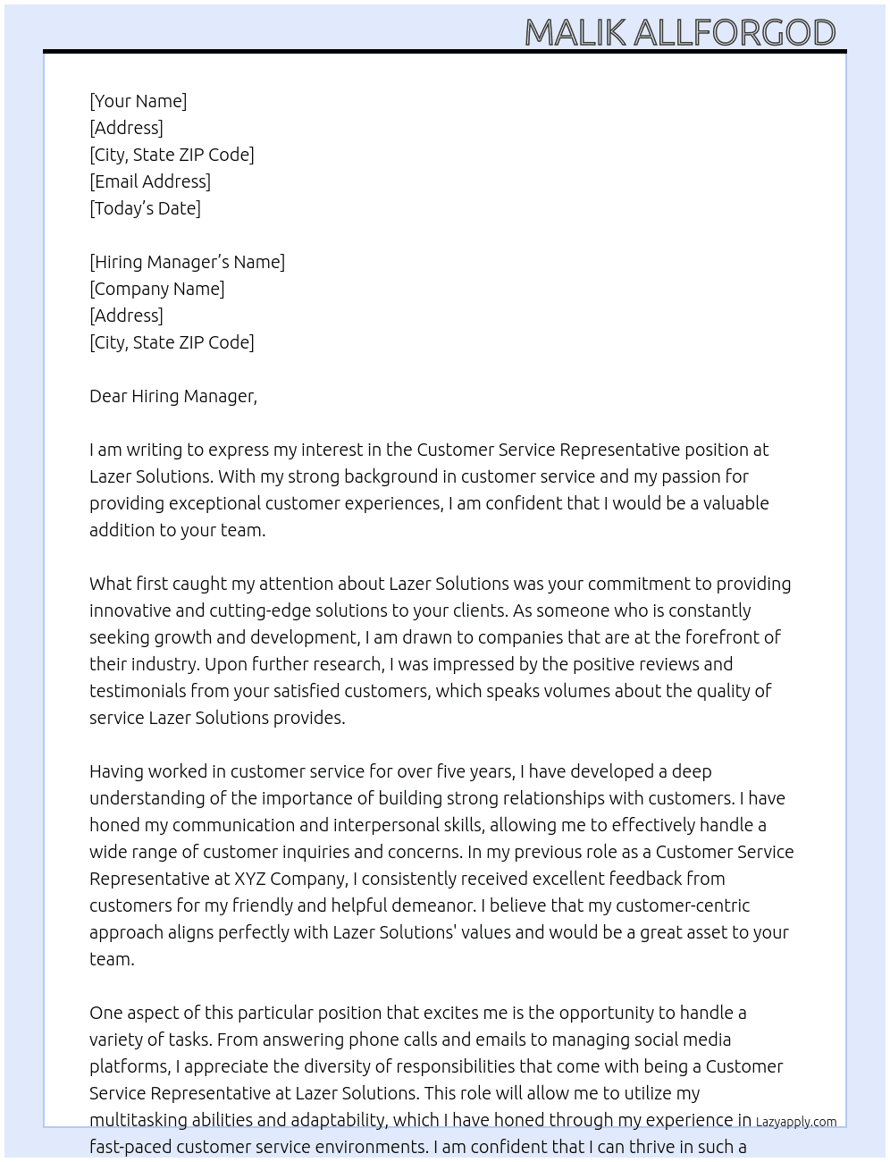 Customer service representative  At Lazer solutions  Cover Letter