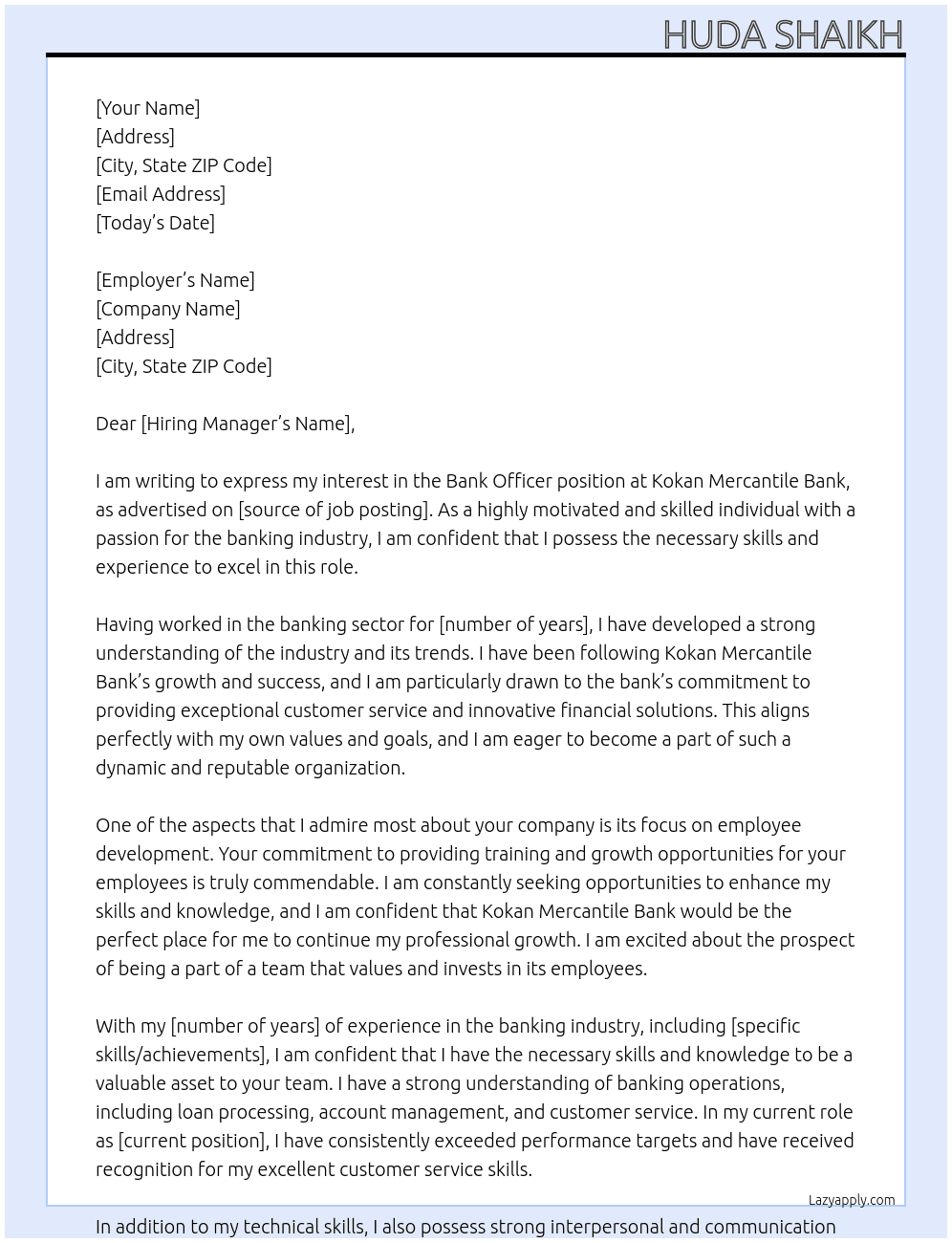 Bank officer At Kokan mercantile bank Cover Letter
