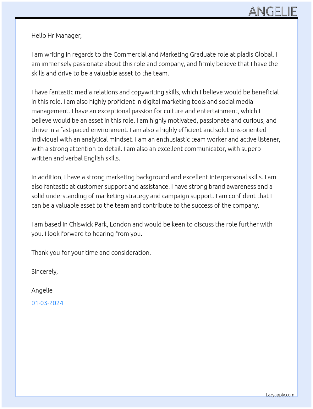 Commercial and Marketing Graduate At pladis Global Cover Letter