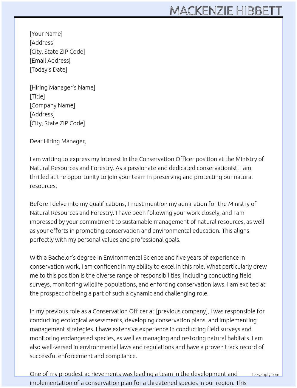 Conservation Officer At Ministry of Natural Resources and Forestry Cover Letter